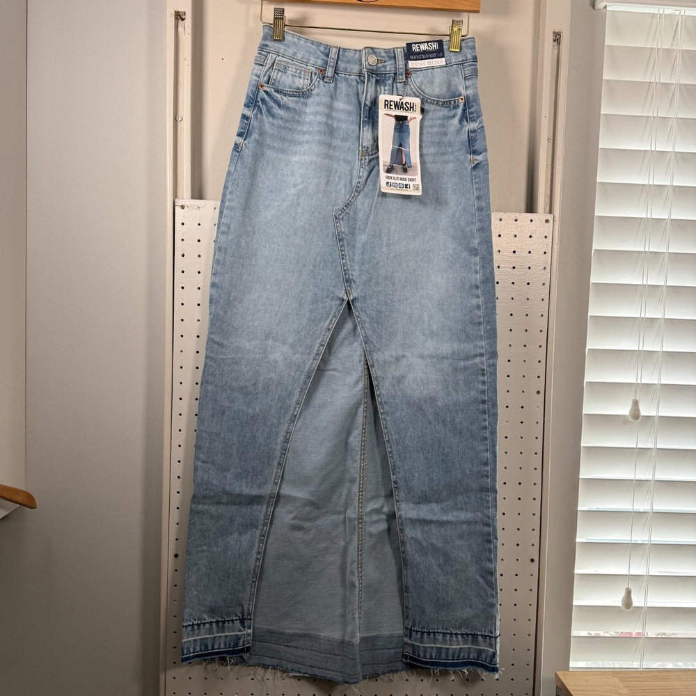 Rewash Vintage Reunion High Slit Maxi Skirt Blue Denim Stretch Frayed - 1/25 NWT